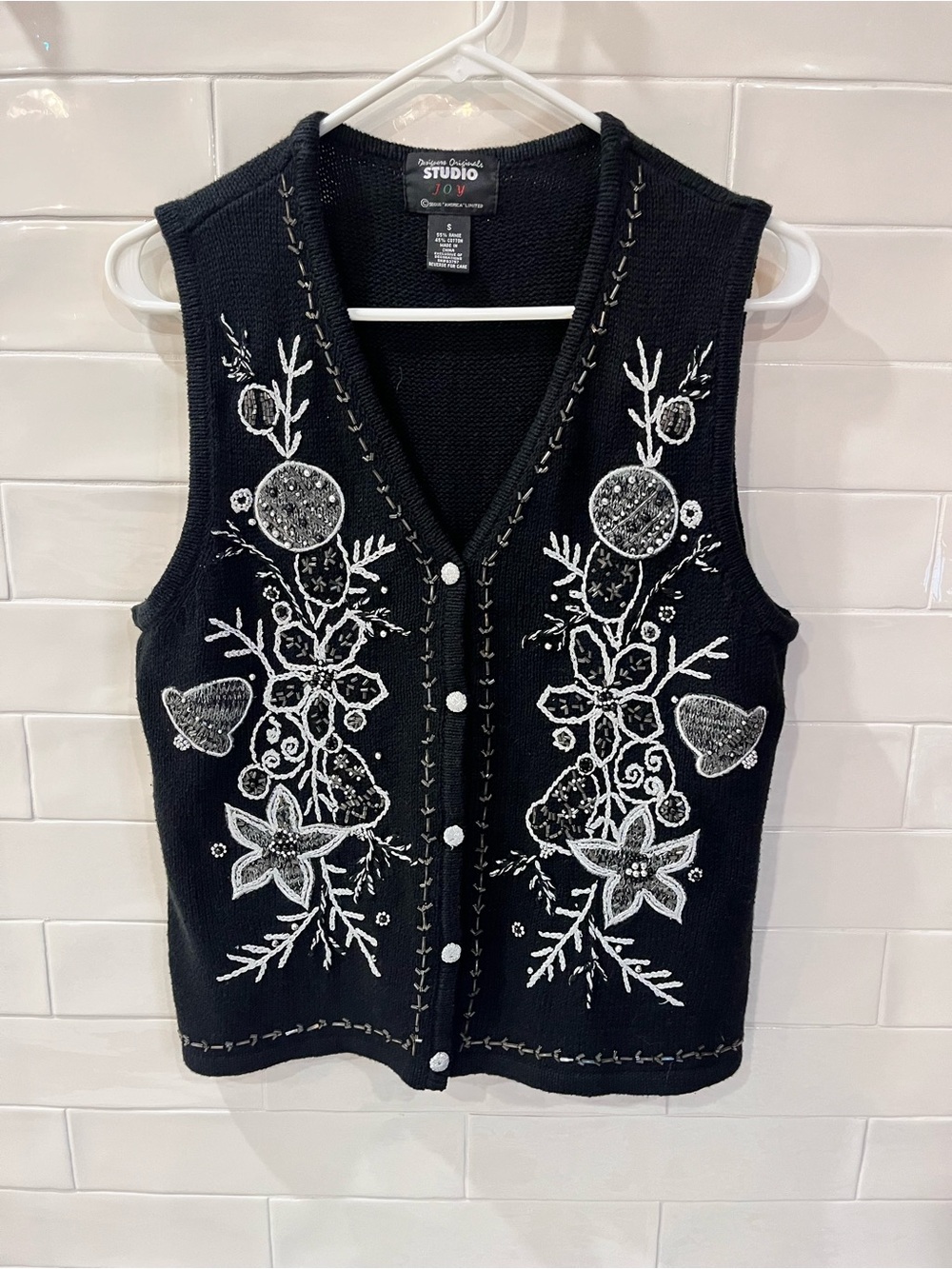 Vintage Studio Joy Christmas Sweater Vest Black & Silver Ugly Sweater Sz S
